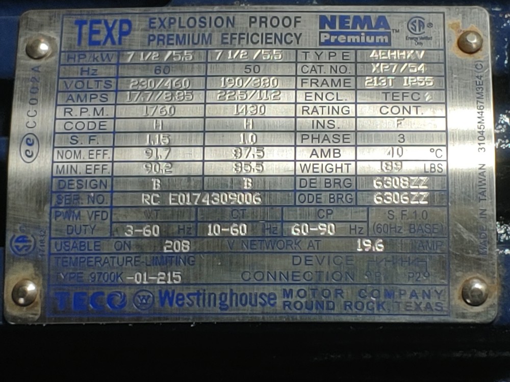 TECO Westinghouse 7.5, 3Ph Electric Motor 3470 RPM, Cat #XP7/54, Type AEHHXV