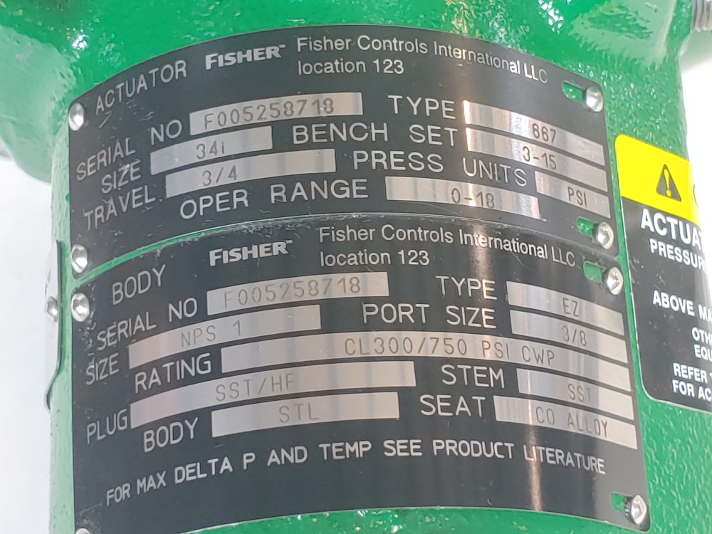 Fisher 3/4" 300# Actuated Control Valve Type 667 w/ Fieldvue DVC6200 Positioner