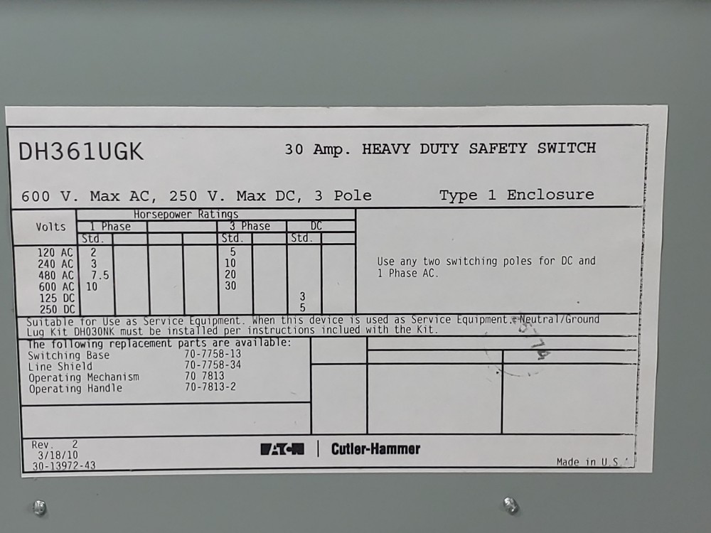 Eaton Cutler-Hammer Heavy Duty Safety Switch DH361UGK