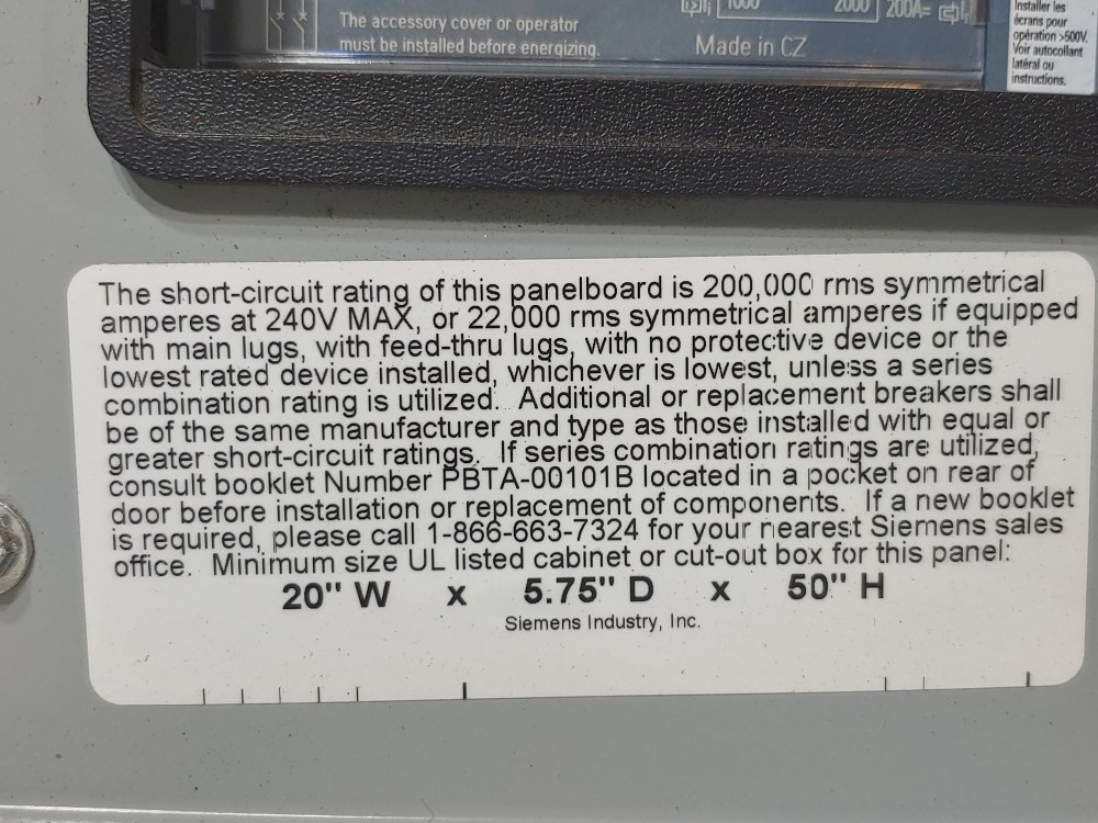 Siemens 200A, 54-CKT 3-Phase Electrical PanelBoard 120/240V P1A54VA2000TST