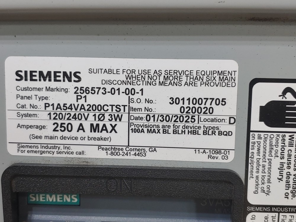 Siemens 200A, 54-CKT 3-Phase Electrical PanelBoard 120/240V P1A54VA2000TST