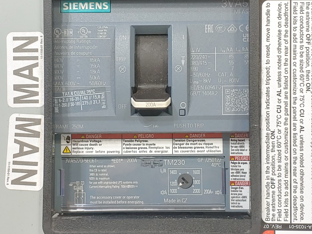 Siemens 200A, 54-CKT 3-Phase Electrical PanelBoard 120/240V P1A54VA2000TST