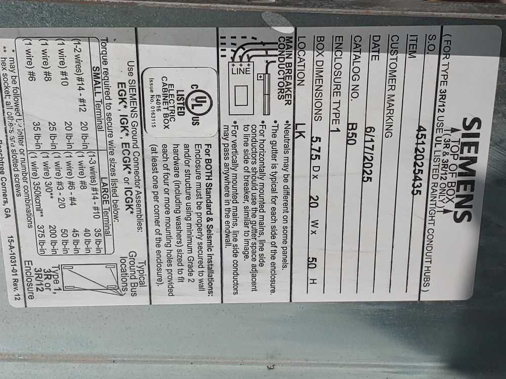Siemens 200A, 54-CKT 3-Phase Electrical PanelBoard 120/240V P1A54VA2000TST