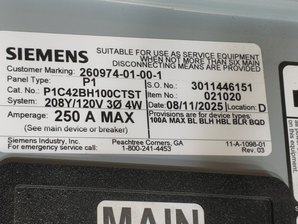 Siemens 42-CKT, 3PH 100AMP Panelboard 208Y/120V, P1C42BH100CTST