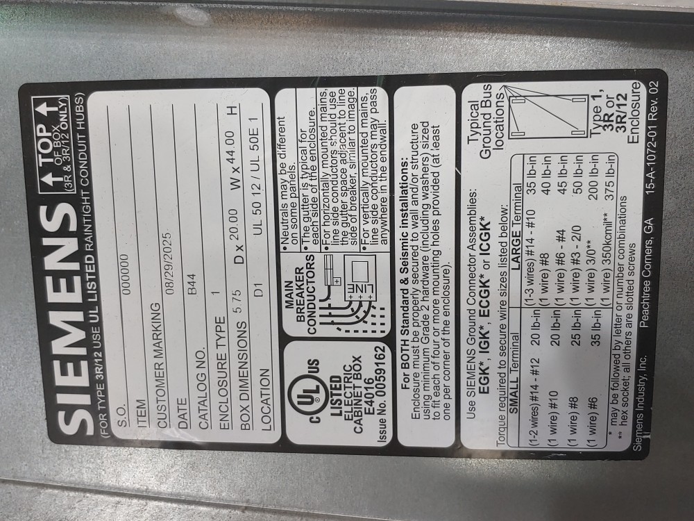 Siemens 42-CKT, 3PH 100AMP Panelboard 208Y/120V, P1C42BH100CTST