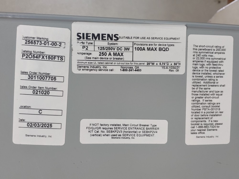 Siemens 150Amp Main Breaker Panelboard P2O54FX150FTS