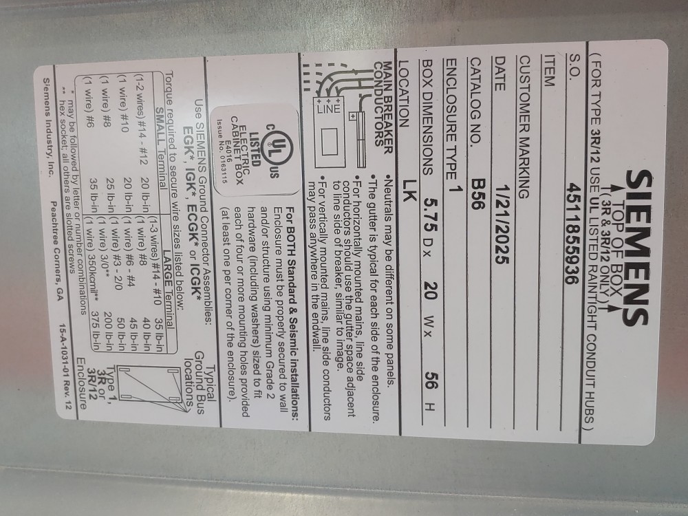 Siemens 150Amp Main Breaker Panelboard P2O54FX150FTS
