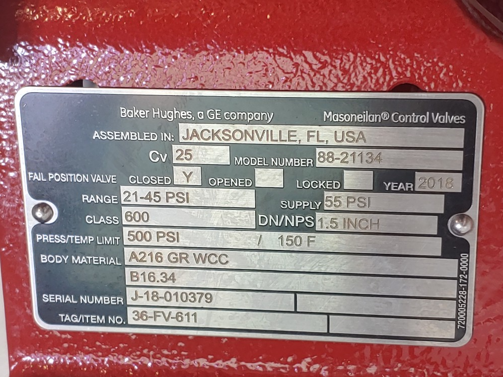 Masoneilan 1.5" 600# Pneumatic Flanged Control Valve w/ Valve Positioner