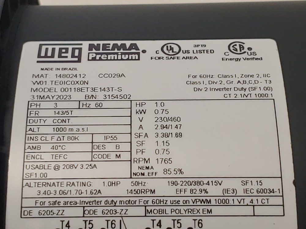 Weg 1.0HP Electric Motor., RPM 1765, 60Hz Model#: 00118ET3E143T-S