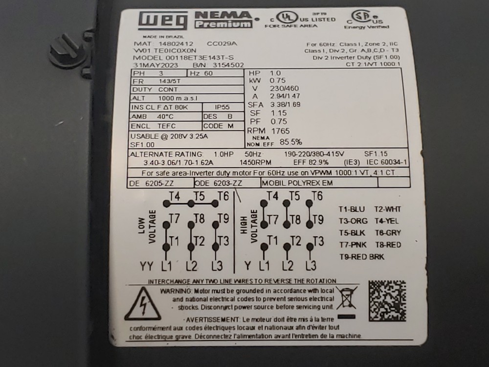 Weg 1.0HP Electric Motor., RPM 1765, 60Hz Model#: 00118ET3E143T-S