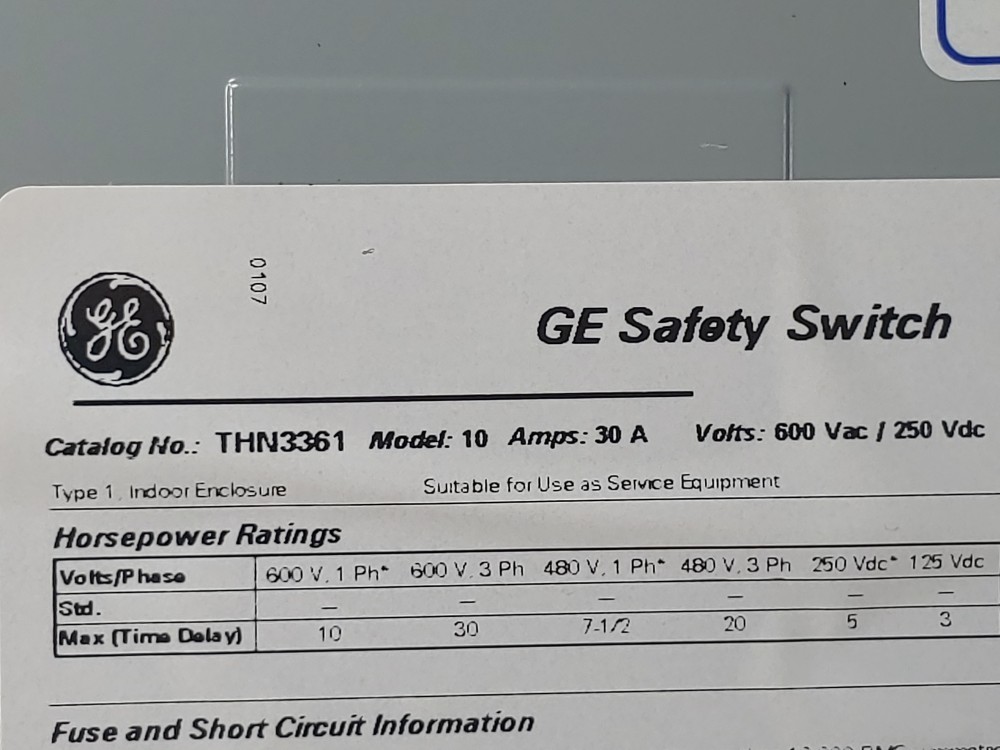 General Electric THN3361  Heavy Duty Safety Switch Model: 10