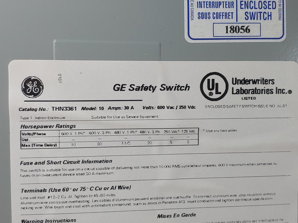 General Electric THN3361  Heavy Duty Safety Switch Model: 10