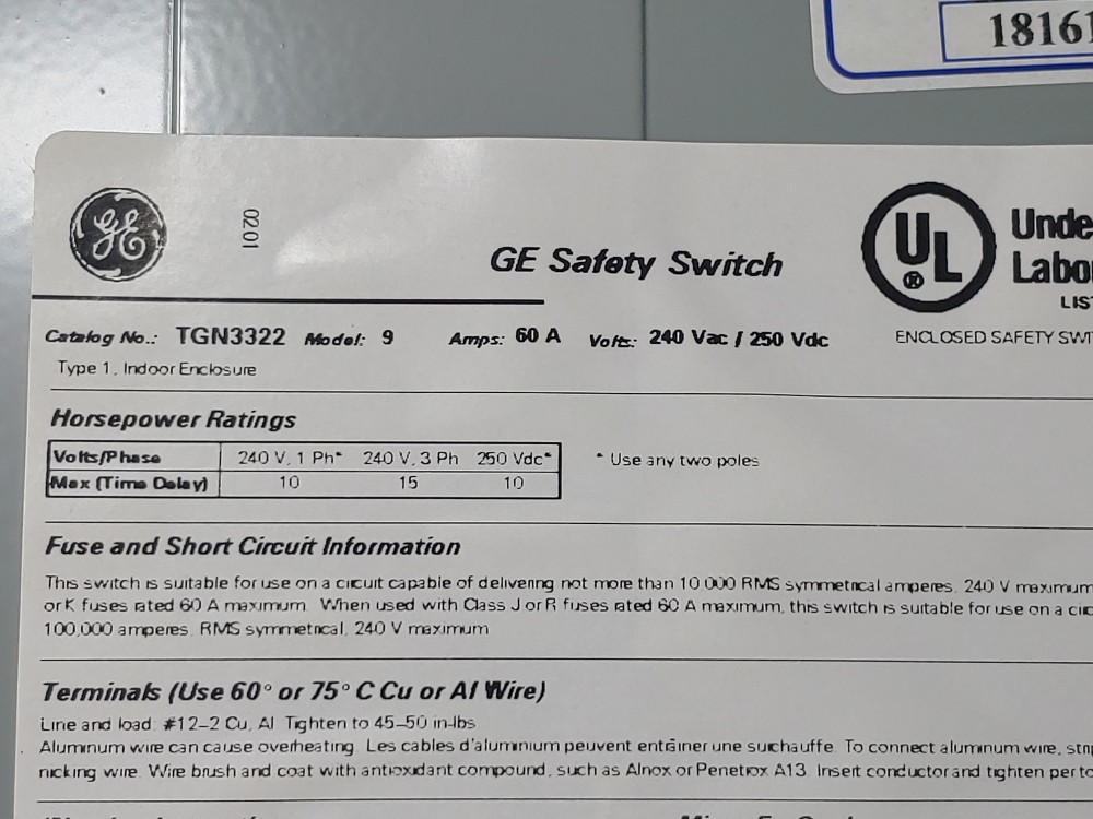General Electric TGN3322 Disconnect Switch - Model: 9