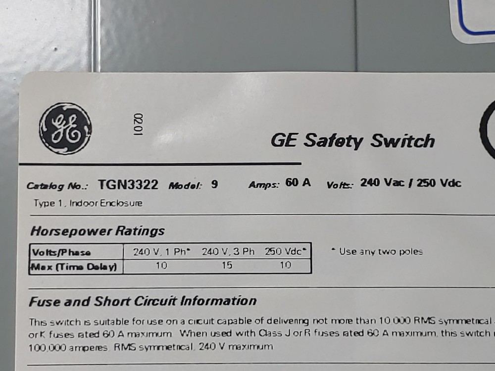 General Electric TGN3322 Disconnect Switch - Model: 9