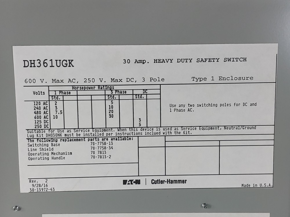 Eaton 30amp Heavy Duty Non-Fused Safety Switch DH361UGK