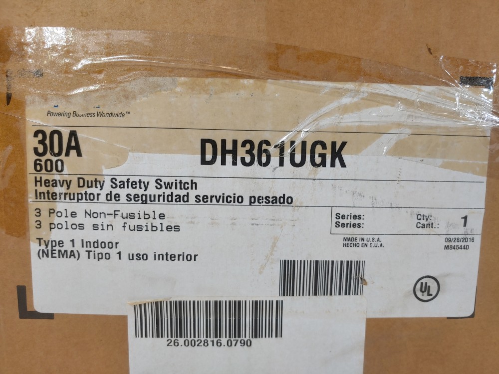 Eaton 30amp Heavy Duty Non-Fused Safety Switch DH361UGK