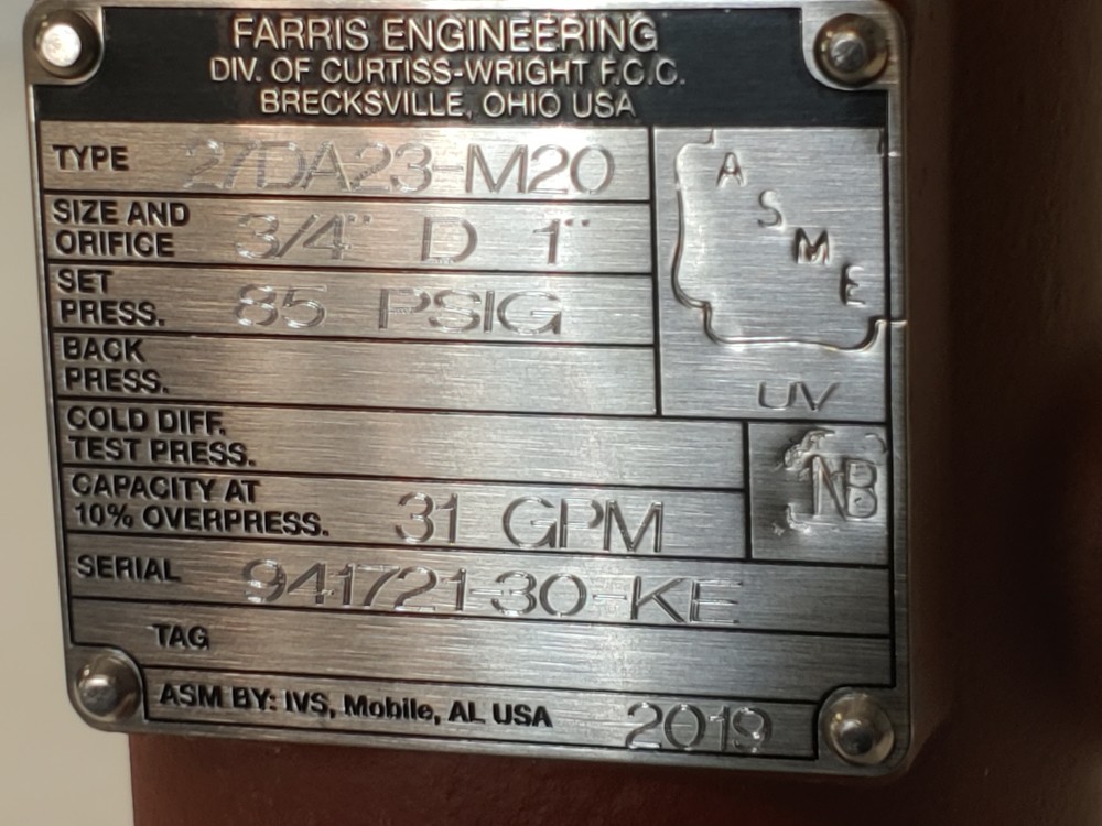 Farris 3/4" x 1" NPT 275# WCB Pressure Relief Valve 27DA23-M20 