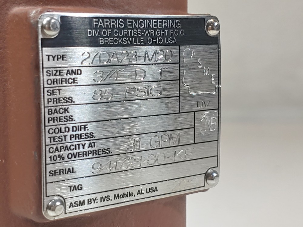Farris 3/4" x 1" NPT 275# WCB Pressure Relief Valve 27DA23-M20 