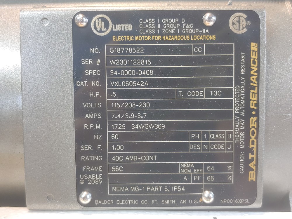 Baldor 1/2-HP,  1725RPM Single Phase Explosion Proof Motor VXL050542A