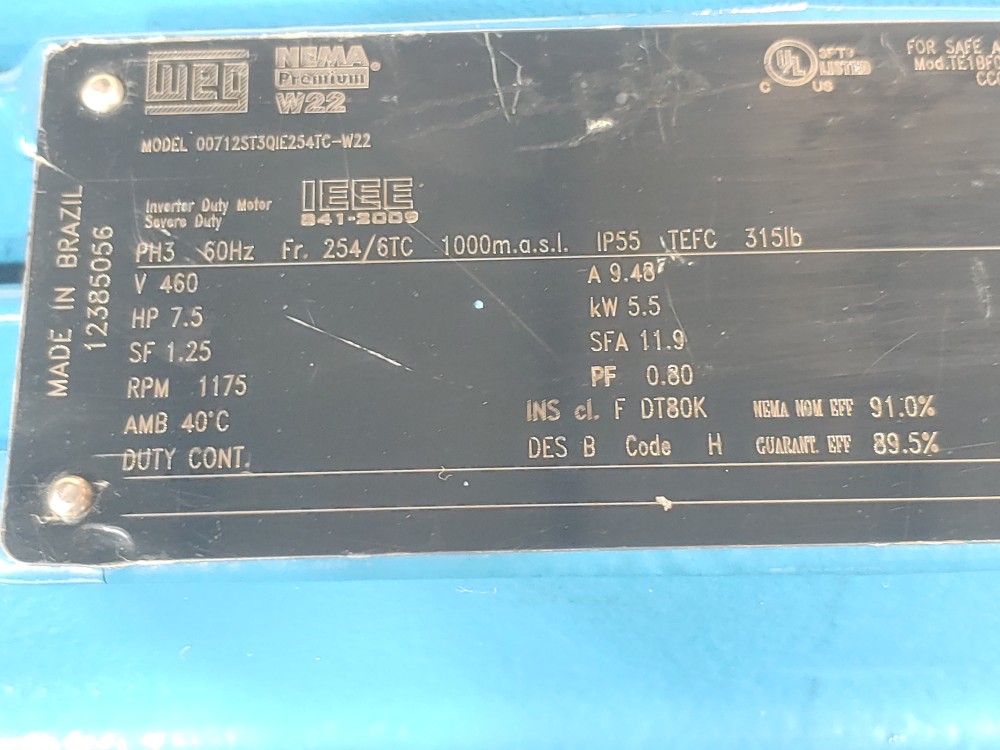 WEG 3-Phase 7.5 HP General Purpose Motor 1175 RPM