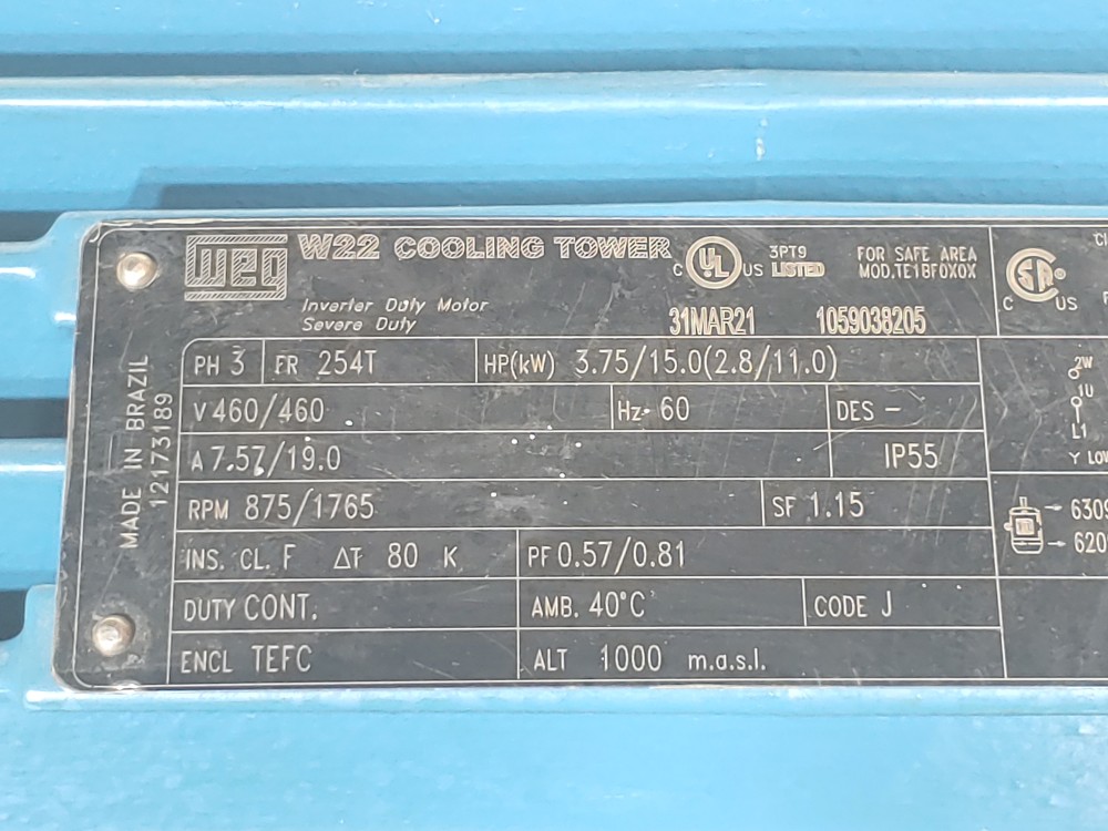 WEG 3.75 HP TE1BF0X0X W22 Cooling Tower Inverter Severe Duty Motor  1765 RPM 