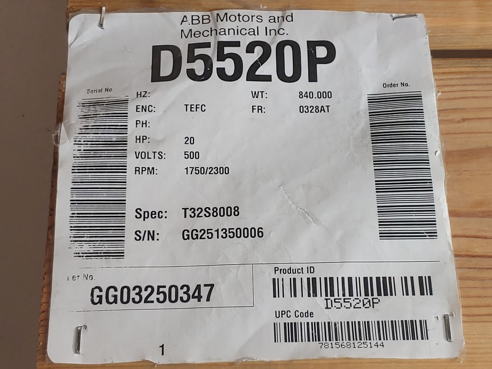 Baldor - ABB D5520P Shunt Wound Industrial DC Motor, 20HP, 1750/2300 RPM