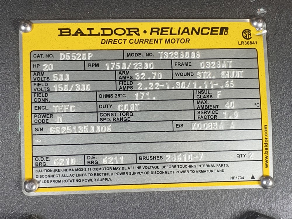 Baldor - ABB D5520P Shunt Wound Industrial DC Motor, 20HP, 1750/2300 RPM