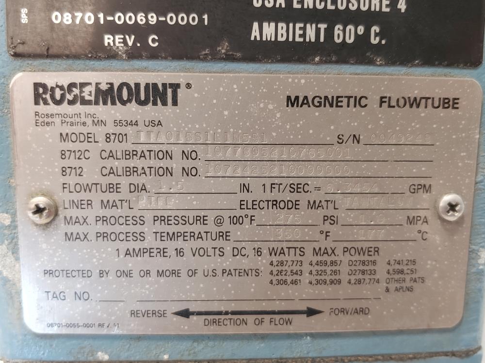 ROSEMOUNT MAGNETIC FLOWTUBE 8701 TTA015S1L1N5B1