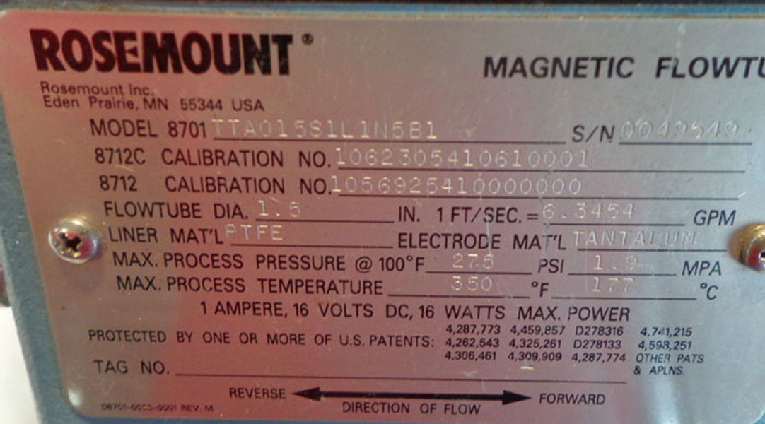 ROSEMOUNT MAGNETIC FLOWTUBE 8701 TTA015S1L1N5B1