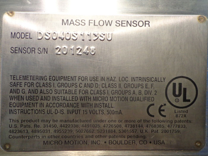 MICRO MOTION MASS FLOW METER DS040S113SU