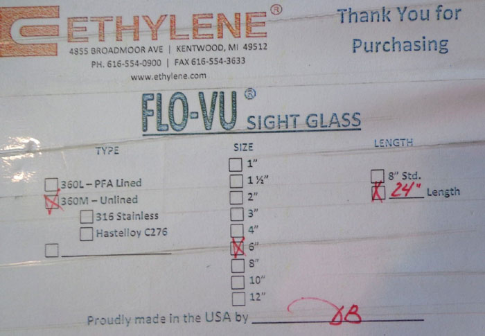 ETHYLENE 6" FLO-UV SIGHT GLASS FLO-UV 360M