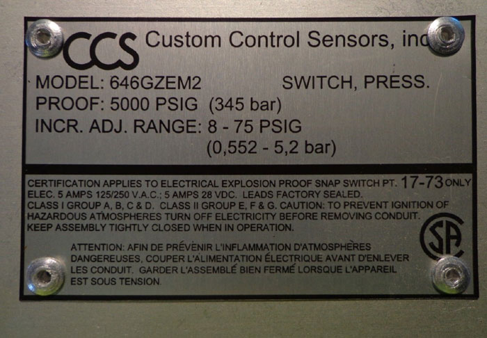 CCS Custom Control Sensors 5000 PSIG Pressure Switch 646GZEM2