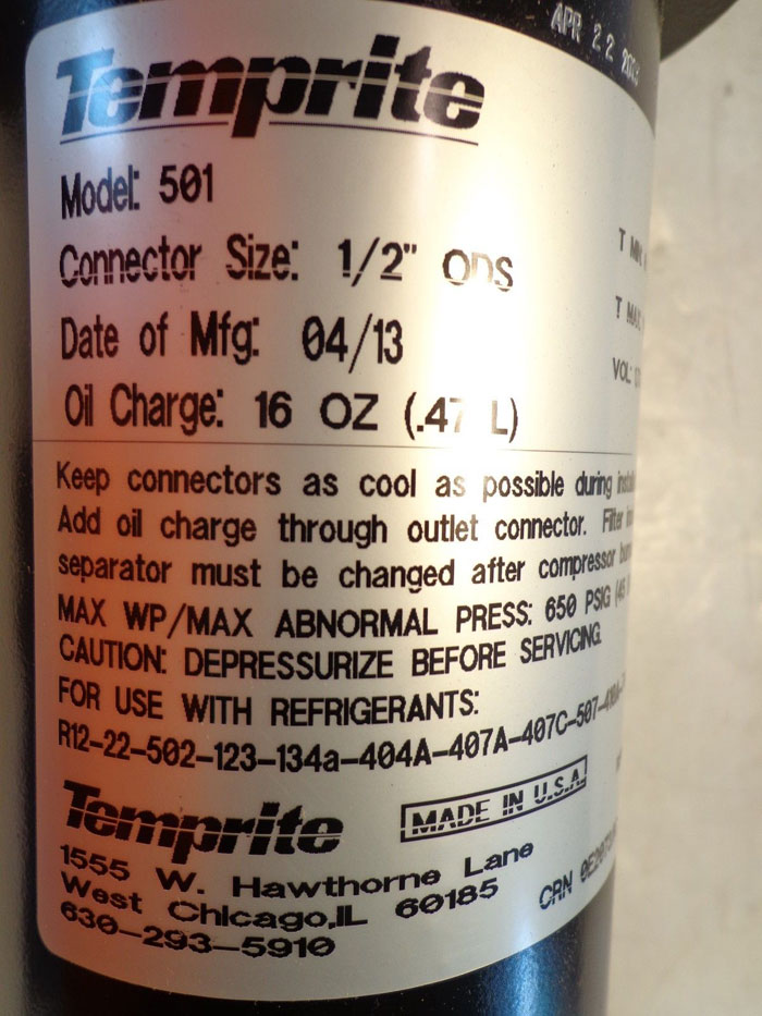 TEMPRITE REFRIGERANT OIL SEPARATOR - MODEL: 501