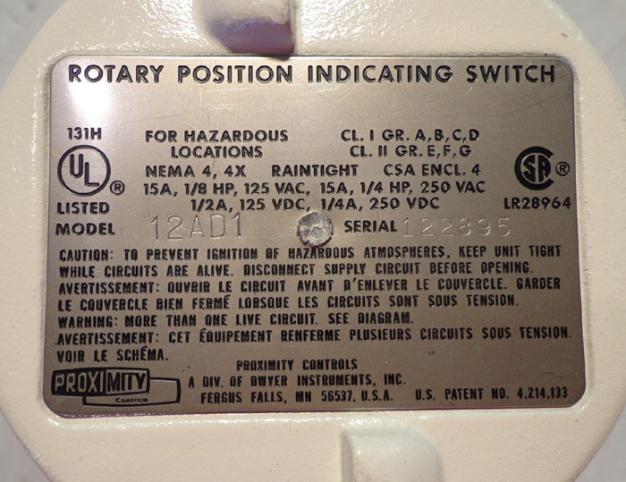 PROXIMITY CONTROLS ROTARY POSITION INDICATING SWITCH 12AD1