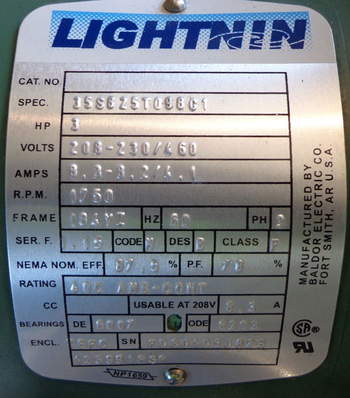 LIGHTNIN MIXER MOTOR - SPEC 35S825T098G1