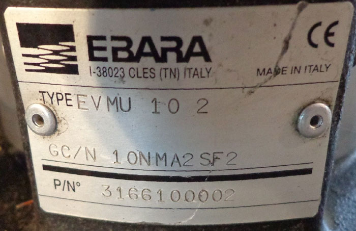 EBARA PUMP - TYPE EVMU  10  2 w/ 1-1/2 HP MOTOR