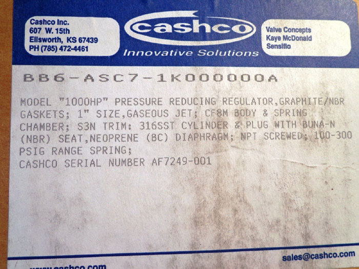 CASHCO PRESSURE REDUCING REGULATOR - 1" NPT 1000HP SST/SST/S3N/G