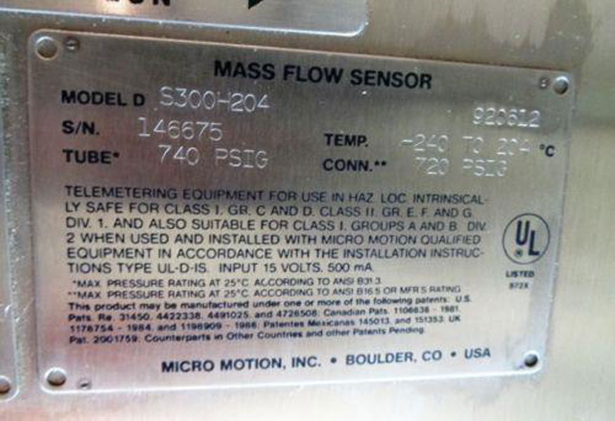 MICRO MOTION D-SERIES MASS FLOW SENSOR - DS300H204