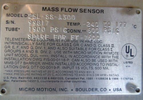 MICRO MOTION MASS FLOW SENSOR D25L-SS-A300 (L)