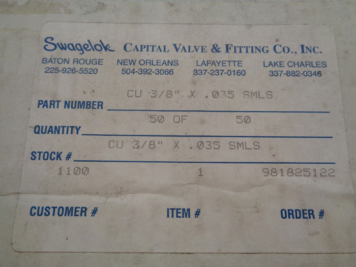 SWAGELOK 0.375" OD x .035" WALL COPPER TUBING COIL CU-T6-S-035-50