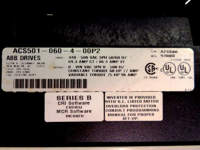 ABB ACS ADJUSTABLE FREQUENCY DRIVE ACS-501-060-4-00P2