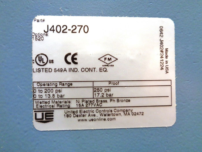 UNITED ELECTRIC PRESSURE CONTROL J402-270