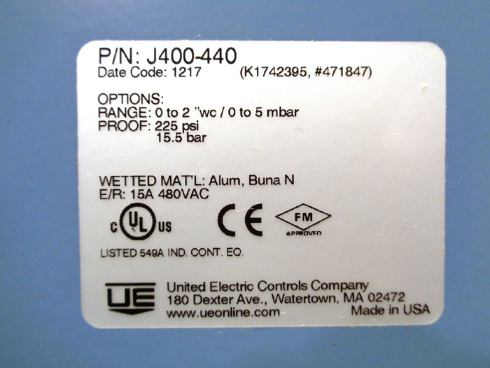 UNITED ELECTRIC PRESSURE CONTROL, PART#: J400-440