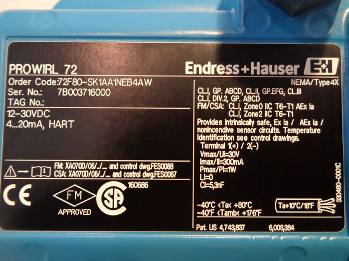 ENDRESS HAUSER PROWIRL 72 FLOWMETER 72F80-SK1AA1NEB4AW