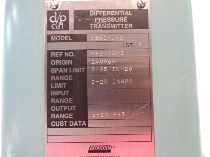 FOXBORO DIFFERENTIAL PRESSURE TRANSMITTER 15A1-LK2