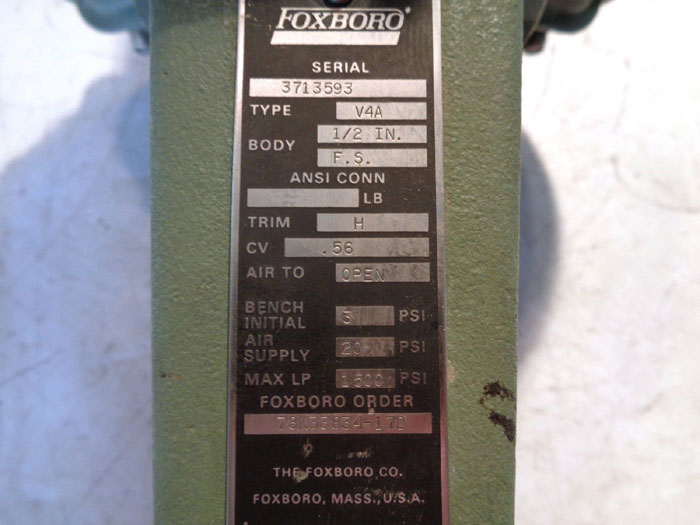 FOXBORO P-50 1/2" AIR POSITIONER CONTROL VALVE V4A