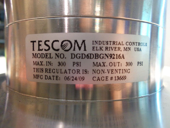 TESCOM 1" DG SERIES SINGLE STAGE NON-VENTING REGULATOR DGD6DBGN9216A