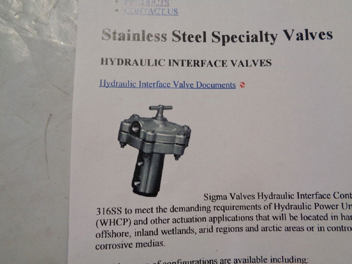 SIGMA STAINLESS STEEL 2-WAY HYDRAULIC INTERFACE CONTROL VALVE 20HM85