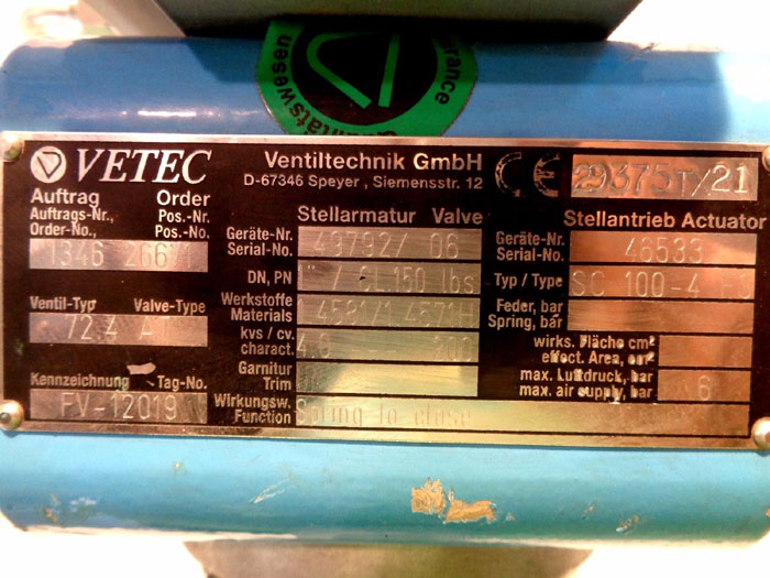 VETEC 1" 150# ACTUATED VALVE 72.4AT W/ AIR TORQUE SC 100-4 FS