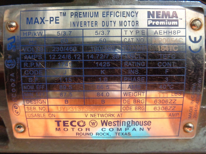 WESTINGHOUSE TECO MAX-PE PREMIUM EFFICIENCY INVERTER DUTY MOTOR AEHH8P, NP0054C